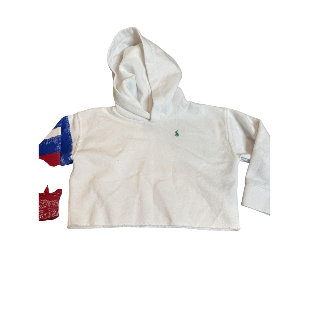 Polo Ralph Lauren Hoodie Kids 3T White Terry Cropped Red Blue Stripe‎ Sleeve